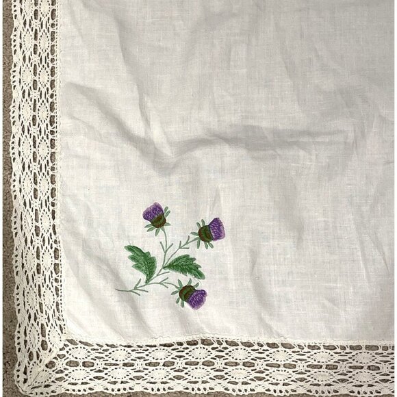 Vintage Embroidered Table Cover Tablecloth Purple Flowers 40X40 Crochet Trim - Picture 1 of 10